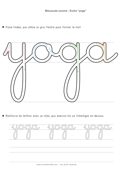 Fiche écriture cursive GS Maternelle - écrire le mot yoga 01