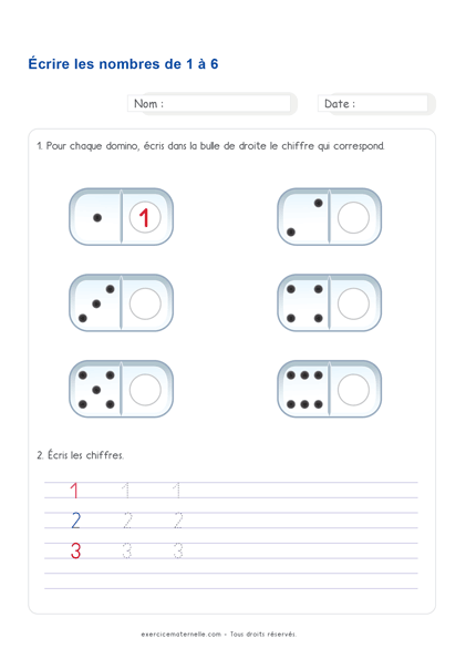 Fiche Maths Moyenne Section à imprimer - Compter et écrire les nombres jusqu'à 6