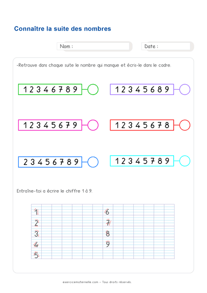 Maths GS Maternelle à imprimer - suite des nombres jusqu'à 10